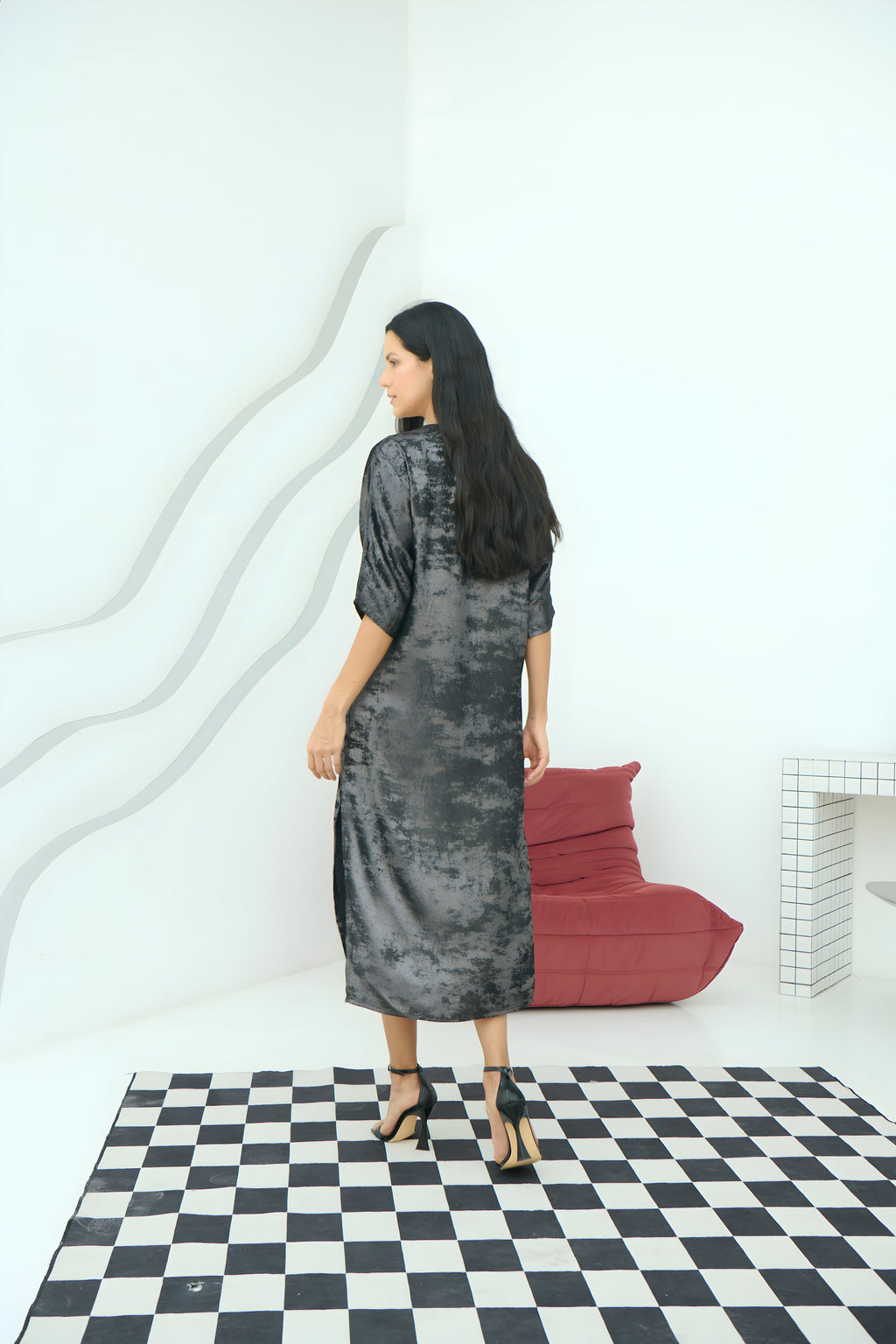 Shadow of Sequin Shimmer Black Long Kaftan with Side Slit Dress