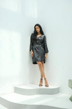 Shadow of Sequin Shimmer Black Short Kaftan Dress