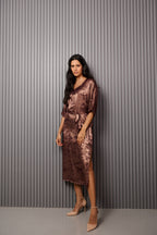 Shadow of Sequin Shimmer French Beige Long Kaftan with Side Slit