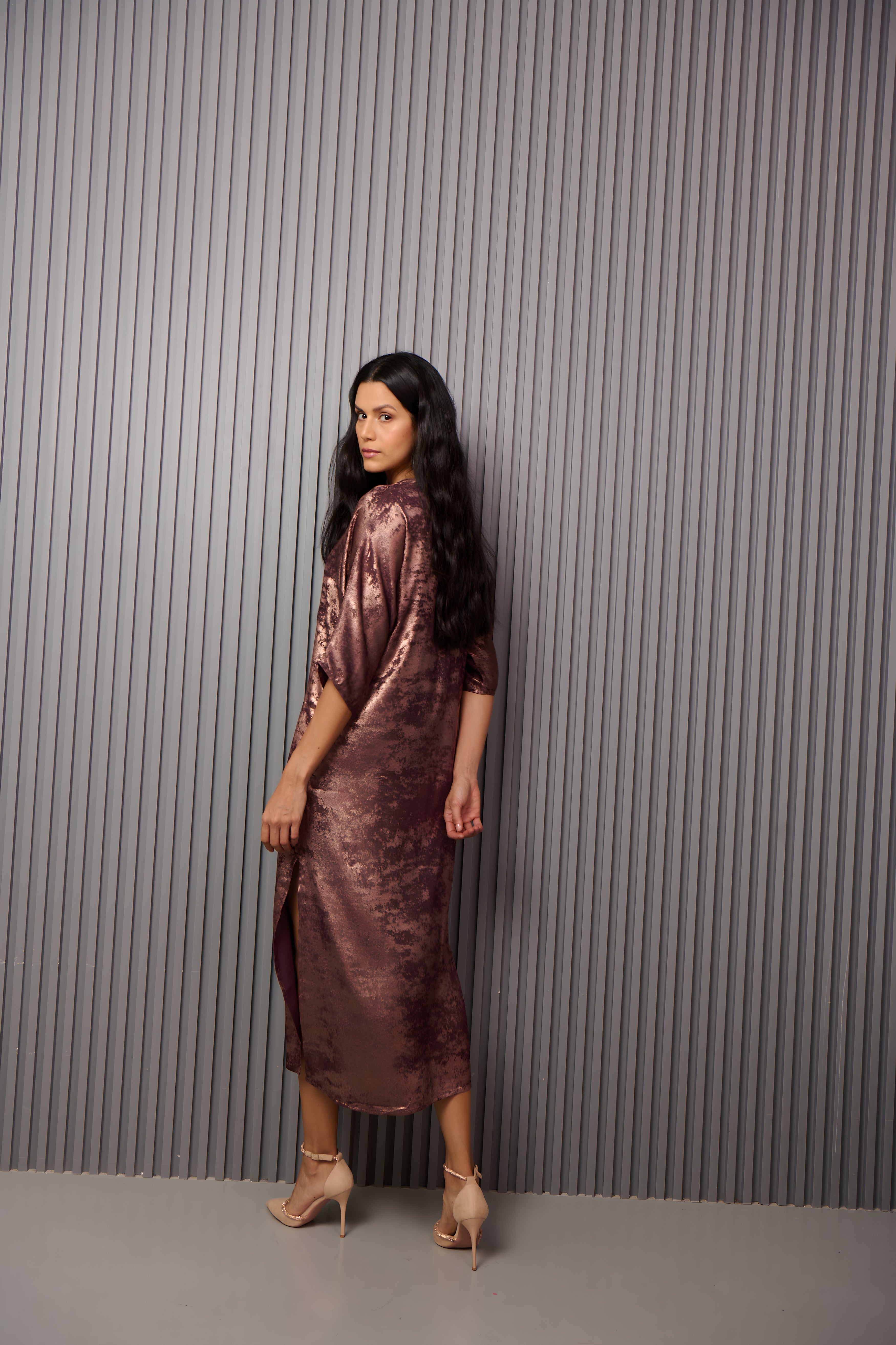 Shadow of Sequin Shimmer French Beige Long Kaftan with Side Slit