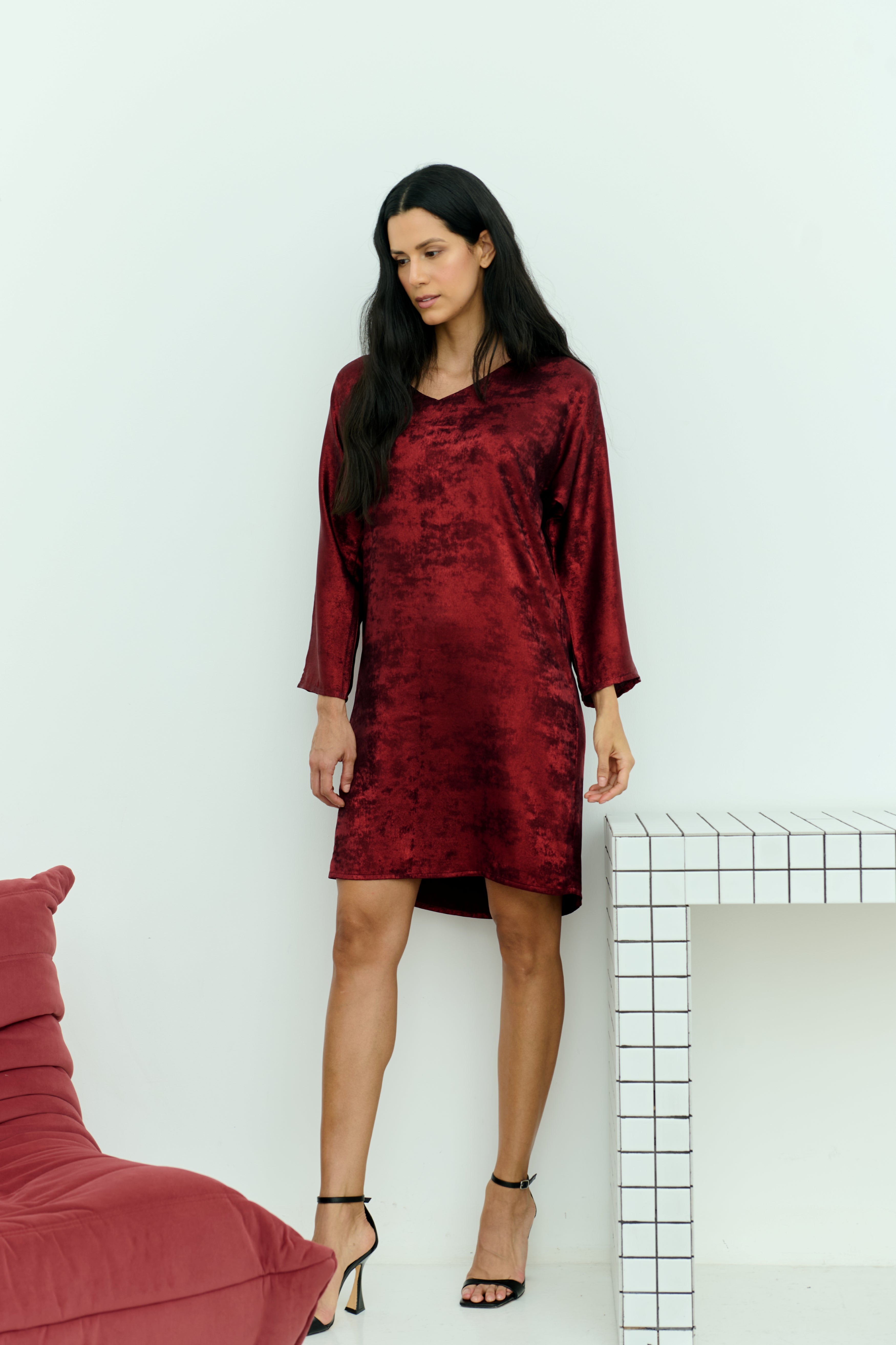 Shadow of Sequin Shimmer Red Short Kaftan Dress