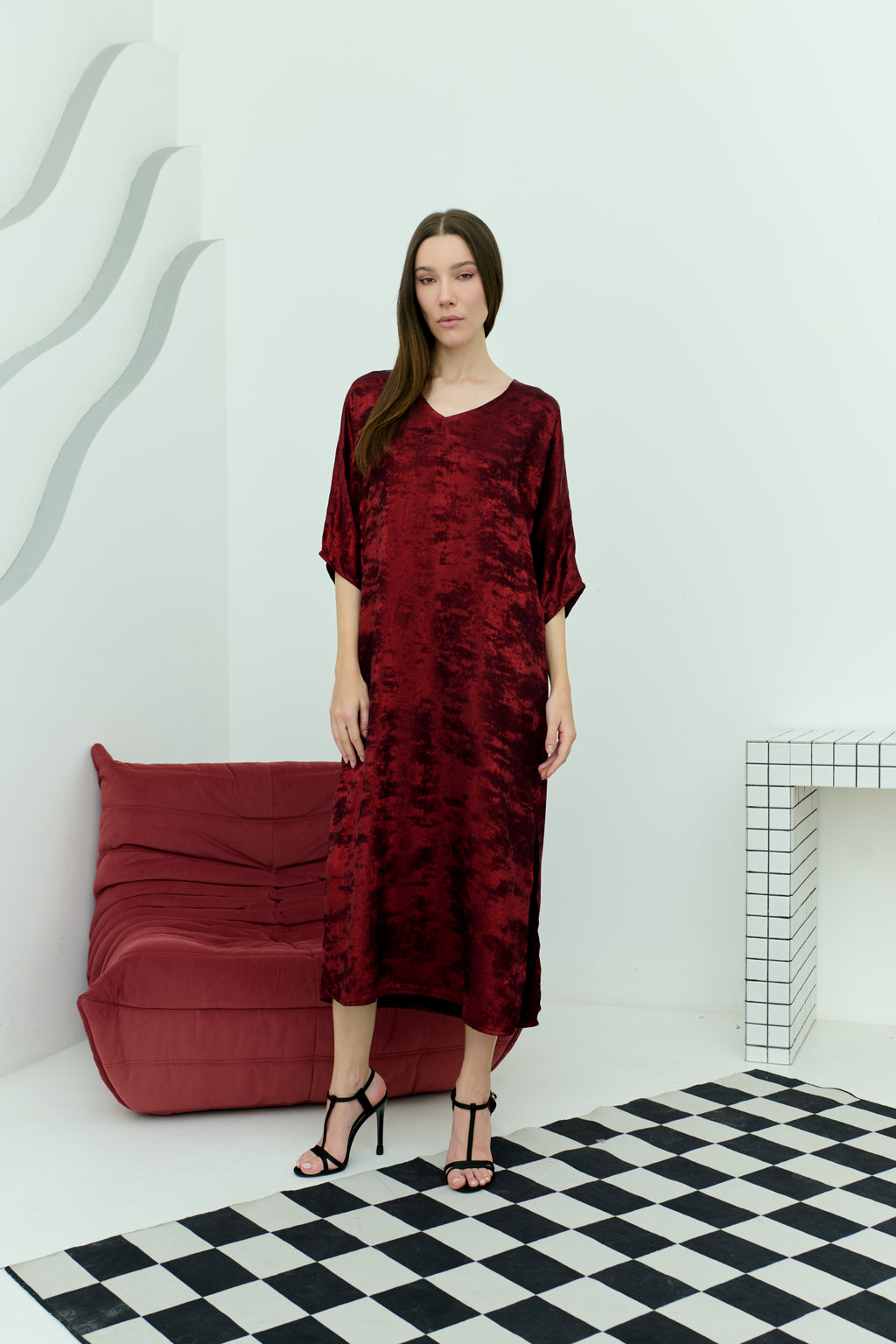 Shadow of Sequin Shimmer Red Long Kaftan with Side Slit