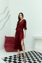 Shadow of Sequin Shimmer Red Long Kaftan with Side Slit