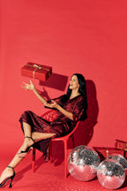 Shadow of Sequin Shimmer Red Long Kaftan with Side Slit