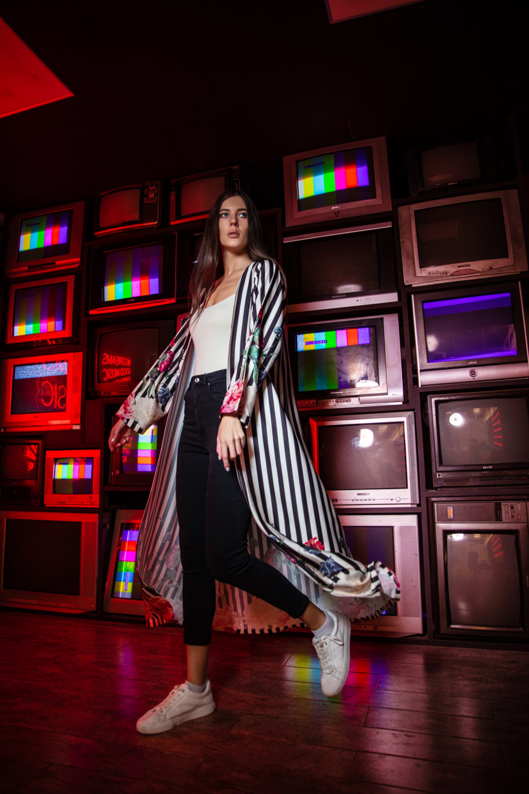 Ethereal Black White Striped Floral Long Kimono Dress Dhara Sheth
