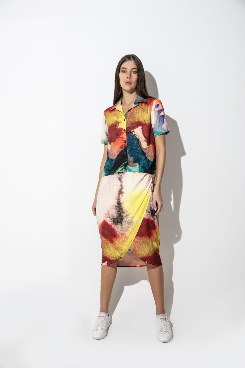 Enigma Abstract Print Wrap Ruched Side Mini Skirt - Image 3