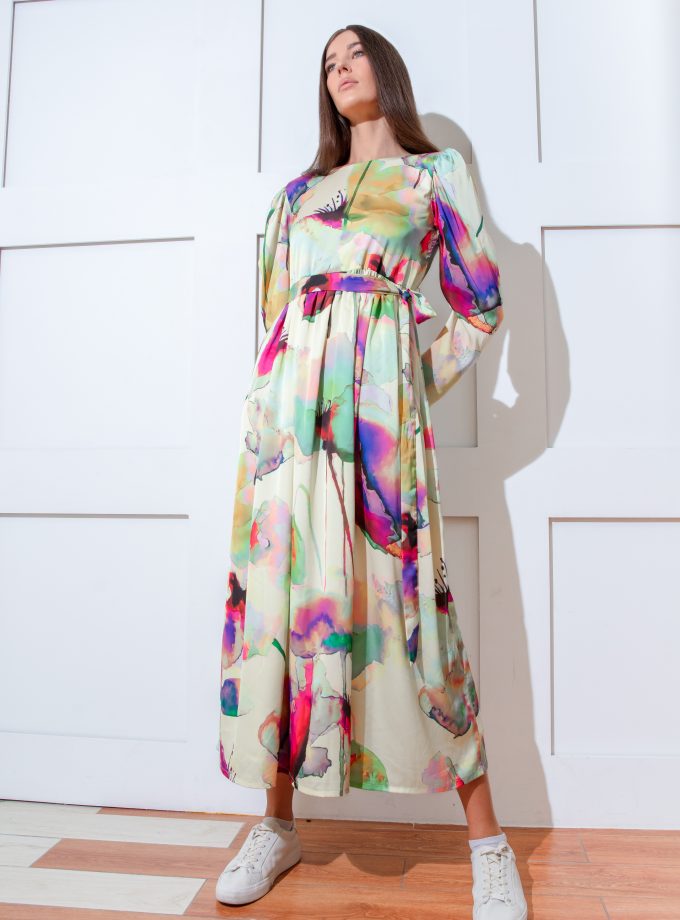Heather Floral Party Maxi Dress With Waist Tie - Multicolor-1