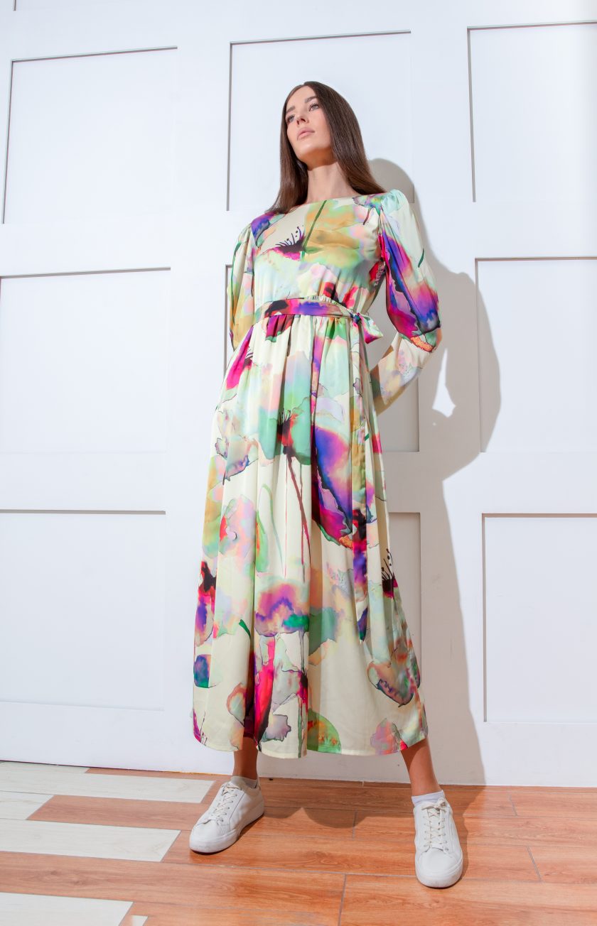 Heather Floral Party Maxi Dress With Waist Tie - Multicolor-1