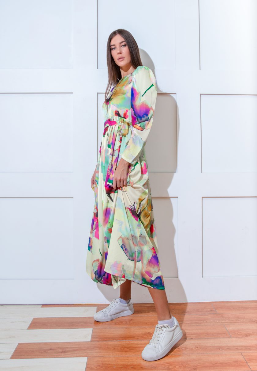 Heather Floral Party Maxi Dress With Waist Tie - Multicolor