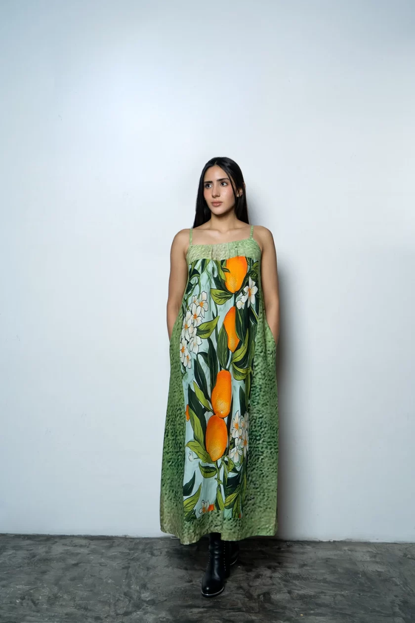 Orange Print Vintage Spaghetti Strap Maxi Dress - Image 2